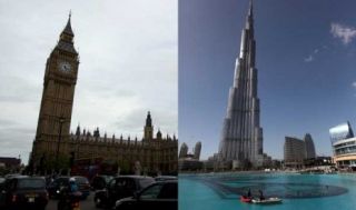 Simbol kedua Negara; Menara Jam Big Ben di London (kiri) dan Menara Burj Khalifa di Dubai (kanan)