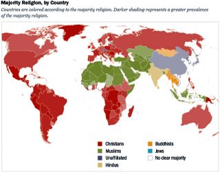 Ilustrasi – Peta agama utama di berbagai negara di dunia. (Pew/WashingtonPost)