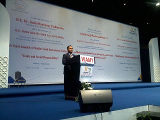 Nurman Abdulbakri, Lc. saat sambutan Konferensi Internasional Ke-11, WAMY, PBB. (Irhamni Rofi'un)