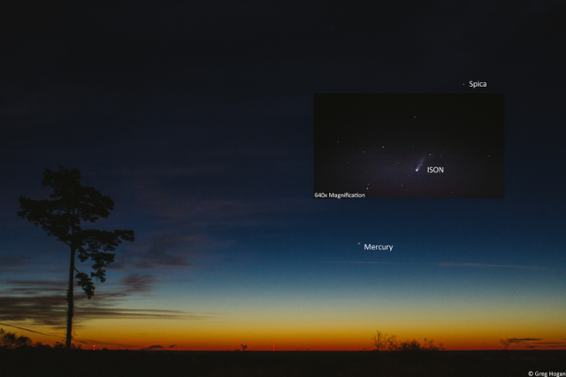 Foto komet ISON yang indah menyambut matahari terbit karena mendekati posisi terdekatnya dengan matahari pada tanggal 28 November 2013. Foto oleh Greg Hogan. (earthsky.org)