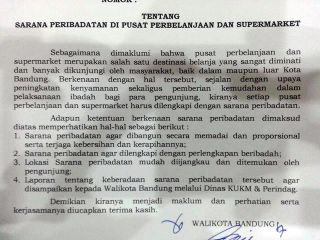 Cuplikan Surat Edaran Walikota Bandung ke seluruh Pusat Perbelanjaan/Mall di Bandung untuk menyediakan tempat ibadah atau mushola yang baik serta proporsional. (facebook.com/RKbdg)