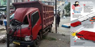 TABRAK TIANG LISTRIK : Truck Batu Bara yang menewaskan satu orang di jalan HOS Cokroaminoto ,kemarin. (Wawan Novianto/Jambi Ekspres)