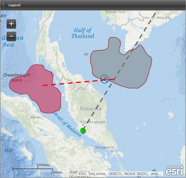 Peta di atas menyoroti area pencarian, pada tanggal 11 Maret 2014, untuk pesawat Malaysia Airlines yang hilang. (Foto: Mashable.com / esri.com)