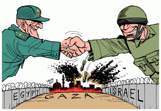 Karikatur yang menggambarkan kedekatan militer Mesir dan Israel (dissidentvoice)
