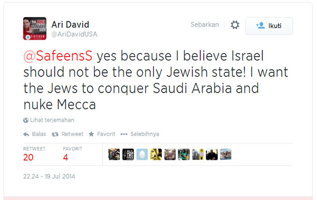 Pernyataan @AriDavidUSA yang meminta Yahudi taklukkan Arab Saudi dan nuklir Mekah. (dakwatuna/hdn)