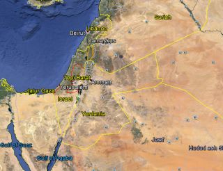 Cuplikan dari aplikasi Google Earth yang menggambarkan peta Palestina yang terbagi dua akibat dijajah Israel, menjadi Tepi Barat dan Jalur Gaza. (dakwatuna/hdn)