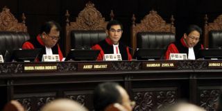 Hamdan Zoelva, Hamik MK saat memimpin Sidang sengketa Pilpres 2014 di Mahkamah Konstitusi.  (kompas.com)