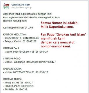 Cuplikan klarifikasi DapurBuku.com tentang pencatutan nomor telepon mereka oleh Fans Page "Gerakan Anti Islam" di Facebook, Jum'at (17/10/2014). (dakwatuna/hdn)