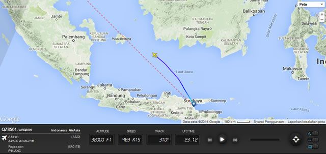 Cuplikan situs flightradar24.com terhadap posisi terakhir pesawat Air Asia QZ8501. (dakwatuna/hdn)