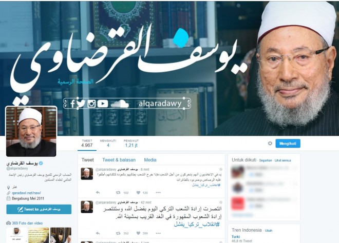 Cuplikan akun Twitter Syaikh Yusuf Qardhawi. (twitter.com/alqaradawy)