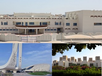 Ilustrasi - Dari kiri ke kanan (searah jarum jam): Madrasah Tsanawiyah dan ‘Aliyah di Qatar (sumber foto: emaze.com); Qatar university (sumber: dohanews.co); dan Faculty of Islamic Studies-Hamad bin Khalifa University (sumber: onfaith.co).